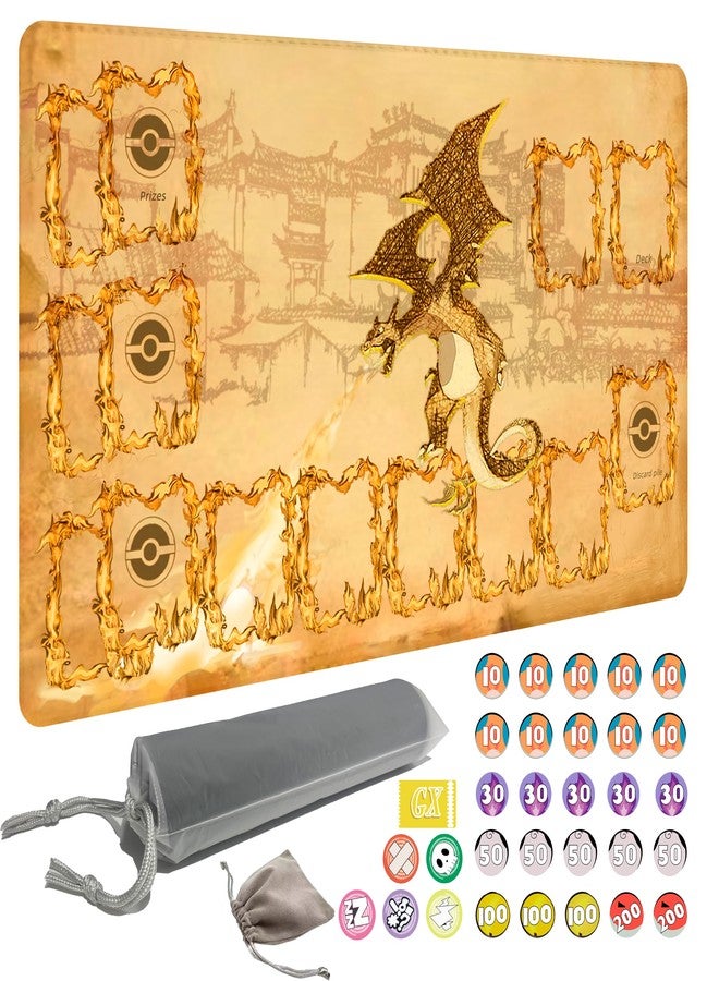 Extalas Playmat for Trading Card Game with 31 Damage Counters,Single Player Trainer Mat and Professional Storage Bag(firedragon) - Image 1